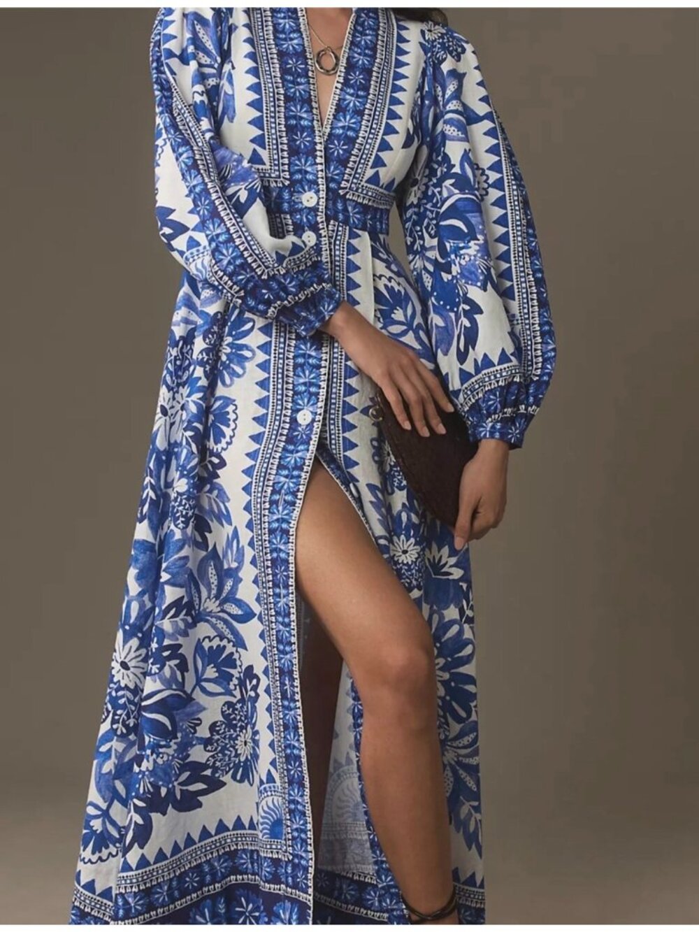 Farm Rio Flora Tapestry Off-White & Blue Maxi Dress SZ L Coastal Chic NWT